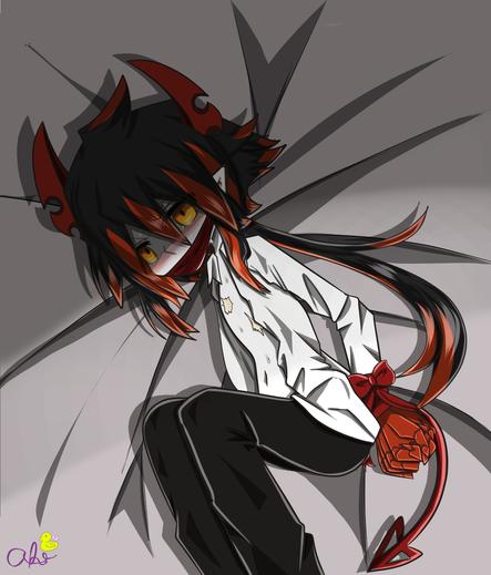 Ivlis curled up on a bed with his shirt open. His hands are tied behind his back with a red bow. He has an angry expression and is sweating. Blush dusts his cheeks and tears are in his tears. He is now gagged with a red cloth wrapped around his mouth.
