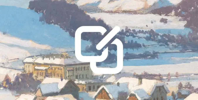 A painting of a snowy landscape with some medium sized houses in the background, with the Reflection symbolic icon in white in the foreground.