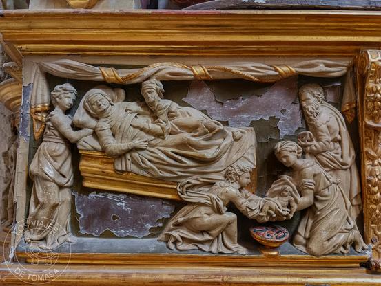 Representación de Sta. Ana dando a luz a la Virgen María, retablo de la colegiata de Valpuesta (Burgos)