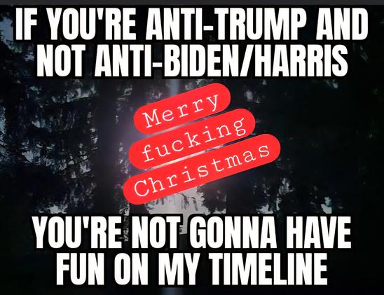 IF YOU'RE ANTI-TRUMP AND NOT ANTI-BIDEN/HARRIS

red text, diagonal: Merry fucking Christmas

YOU'RE NOT GONNA HAVE FUN ON MY TIMELINE