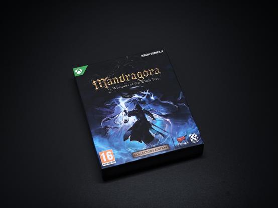 Przód opakowania zbiorczego Mandragora Whispers of the Witch Tree na konsolę Xbox Series X. Na okładce bohater zwrócony do oglądającego plecami, dzierżący latarnię w ręce. U góry stylizowany tytuł.