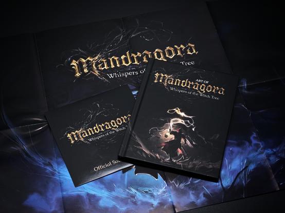 Zawartość dodatkowa Mandragora Whispers of the Witch Tree. Dwustronny plakat, artbook w twardej oprawie i płyta ze ścieżką dźwiękową.