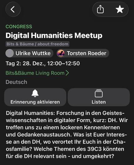 Fahrplan-Auszug zum Digital Humanities Meetup auf dem 39C3.