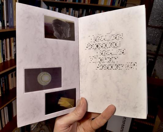 A hand holds a copy of the book "Vašulkas Reloaded: Vašulka Kitchen Reader #2", open on the title page. On the left page three colour images are visible.