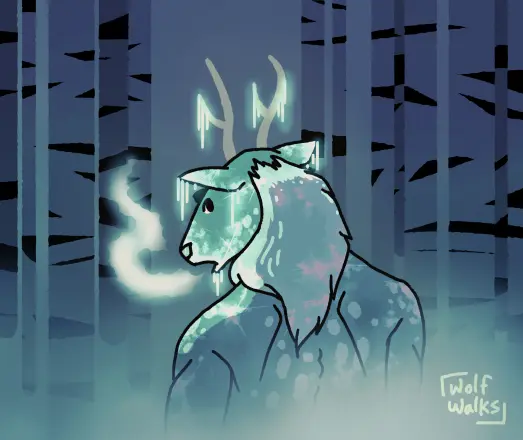 An anthro stag with a fluffy neck ruff, looking over his shoulder at the viewer. Glowing icicles hang from his antlers, ears, and mouth and his breath fogs in front of him. All around him is a still, misty birch forest at night.