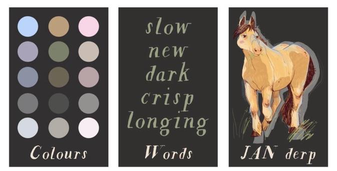 The image features three panels. The left panel displays a palette of various colors. The center panel lists words including "slow," "new," "dark," "crisp," and "longing." The right panel features an illustrated horse with a playful expression and derpy appearance. This is supposed to be a moodboard as inspiration for ppl who wanna join the project and need a little inspiration