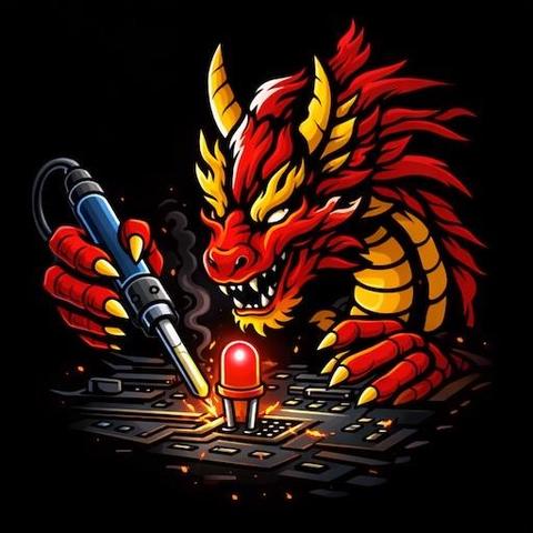A vibrant illustration of a red dragon using a soldering iron to work on a circuit board, with a glowing LED light. The dragon has striking yellow and red scales and is depicted in a dynamic pose against a black background.