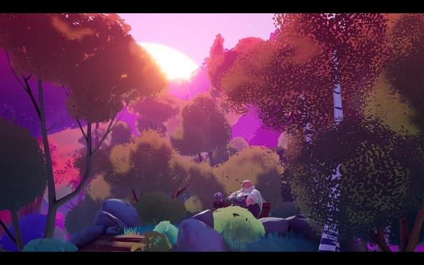 Wanderstop Screenshot:

A serene forest scene at sunset, featuring vibrant purple and pink hues. Boro and Alta sit among colorful trees and rocks, creating a peaceful atmosphere.