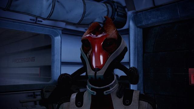 A closeup of Mordin Solus, the best salarian scientist of all time, stepping into a research facility.