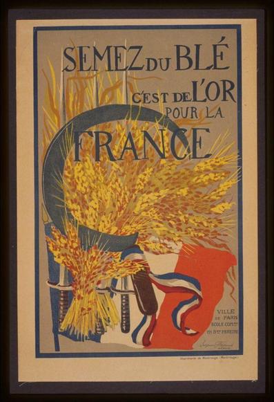 The image depicts an art poster with vibrant colors showcasing agricultural motifs and text, conveying a message of patriotism. Dominated by shades of yellow, red, blue, white, and beige, the design highlights wheat sheaves, a large sickle, and a French flag on a background that includes stylized elements like flowers or plants.
The upper portion features prominent typography with varying fonts to emphasize different parts of the text: "SEMÉZ DU BLEN" in bold black letters against an orange backdrop. Below this header is smaller white lettering saying "C'EST DE L'OR POUR LA FRANCE." The bottom part contains a message from Paris, indicated by additional French phrases and the mention of specific locations such as Villette de Paris, Ecole com., 1504 Periere.
The illustration's style reflects early advertising or propaganda art with its strong use of symbolism to evoke national pride during what appears to be World War I.