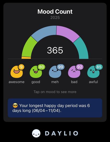 A digital mood tracker displays mood counts for 2025. It features a circular gauge with segments for different moods: awesome (9), good (80), meh (99), bad (92), and awful (85). The total mood count is 365
