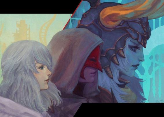 A digital painting of Elidibus in his three forms: as Themis, as Ascian and as Warrior of light primal.