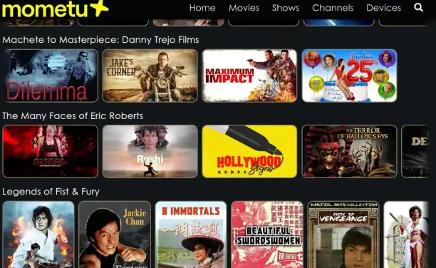 Screenshot of the Action movies page of Mometu, showing the dedicated sections for films with Danny Trejo & Eric Roberts