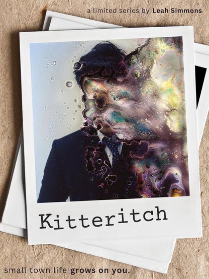 A limited series by Leah Simmons, Kitteritch. Tagline: Small town life grows on you.

Image of a stack of Polaroids with a man in a business suit's face obscured by water damage.