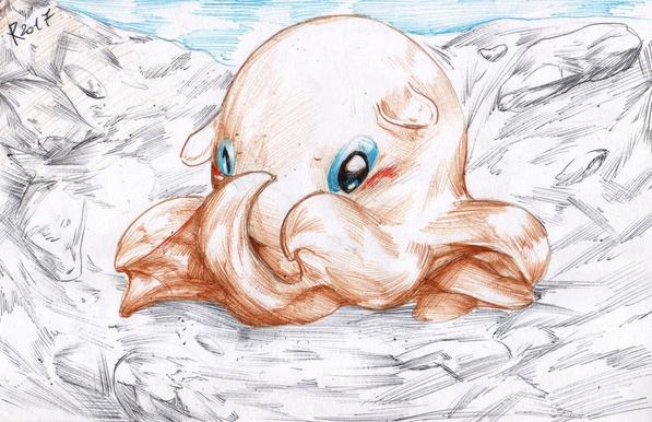 Ballpoint pen (different colors, mainly black, brown and blue) illustration of a cute and shy Opisthoteuthis californiana, a flapjack octopus, partially hiding its head with its arms (the ones that often are called "tentacles", but are not really tentacles).