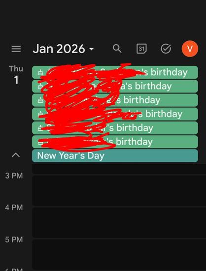 Image of Google calendar showing a bunch of birthdays on Jan 1. Those birthdays are automatically listed by Google.