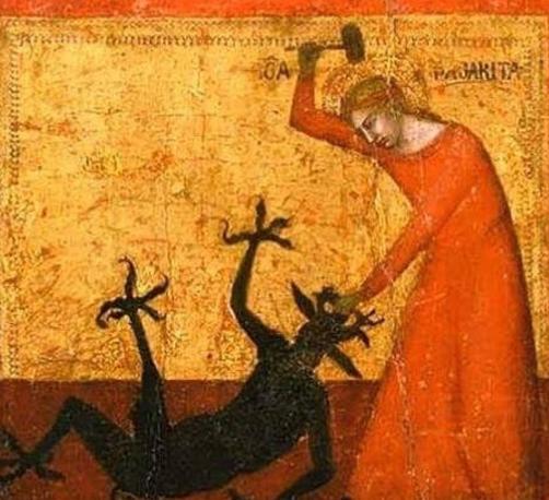 14th century painting of St. Margaret of Antioch attacking a devil woman in a virid dress hitting a demon with a hammer