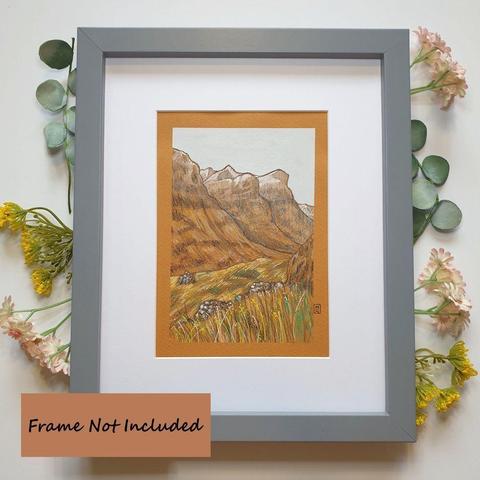 A small drawing of the Three Sisters of Glencoe. A highland mountain scene. The drawing is on terracotta coloured paper. It measures 5 by 7 inches.
The Three Sisters of Glencoe are among the most iconic and breath taking sights in the Scottish Highlands. These three towering ridges dominate the landscape of Glencoe, offering a dramatic and awe-inspiring view.
An original art work, please note that the frame is not included.
Colour pencil and mixed media on acid free toned artist paper
5 by 7 inches (12.7 by 17.8 cm).