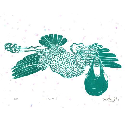 This linocut shows how I imagine the great white stork of European folklore, who carries babies to new parents. The stork is printed in a teal coloured ink on white coloured Japanese kozo (or mulberry) paper, with little square coloured confetti inclusions. The stork is quite stylized, inspired by ancient Chinese art, and not an attempt to accurately portray Ciconia ciconia, the white stork, and holds a baby in a sack in its beak.