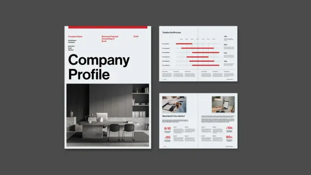 This Adobe InDesign company profile layout by graphic designer Tom Sarraipo is available as a customizable design template in A4 with 16 pre-designed, fully editable pages.