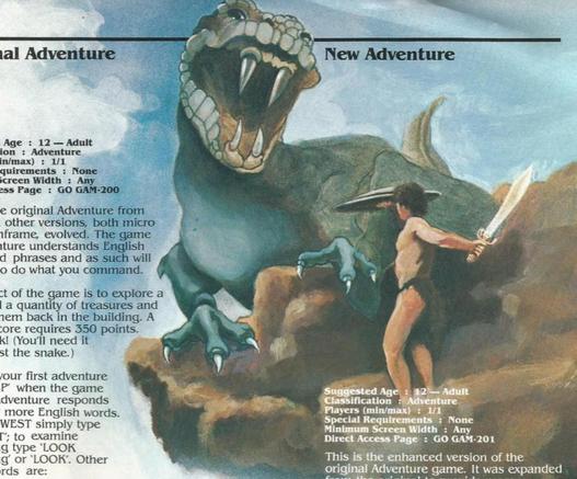 action shot from Compuserve catalog for New Adventure, with sword-and-sandals hero and dinosaur-looking creature