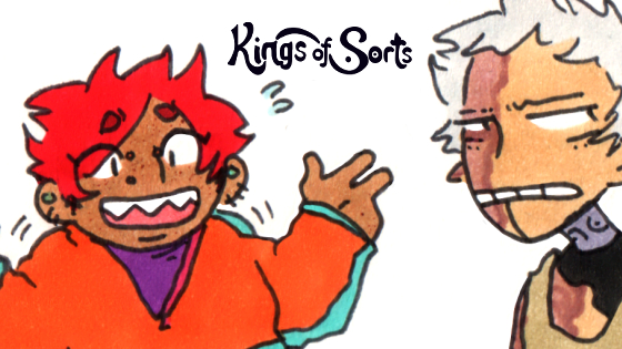 webcomic update post for kings of sorts episode 12 page 5. Hana shrugs awkwardly, trying to break some tension. Bon grimaces and looks away.