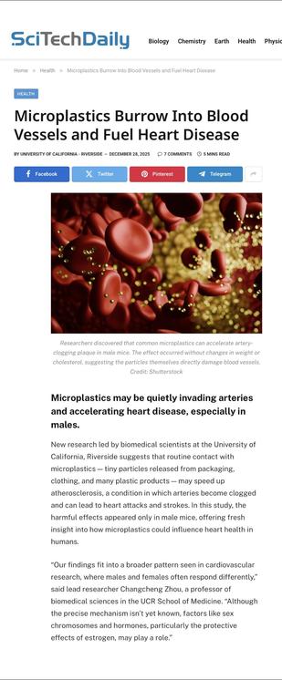 Microplastics causing health problems… they are everywhere including the human body.
Thought there are many people should read this. sr+

https://scitechdaily.com/microplastics-burrow-into-blood-vessels-and-fuel-heart-disease/