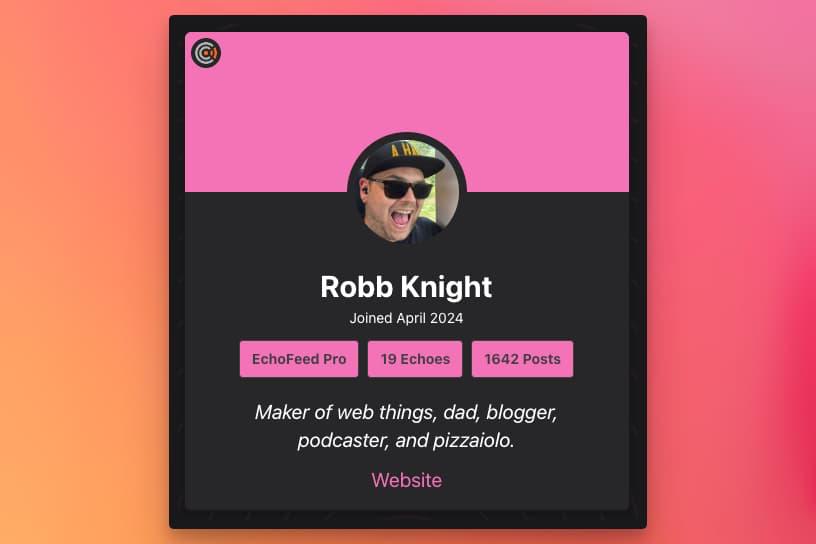 A profile page showing my face, that I joined EchoFeed in April 2024, that I have 19 Echoes, 1600 posts, and a bio about me.