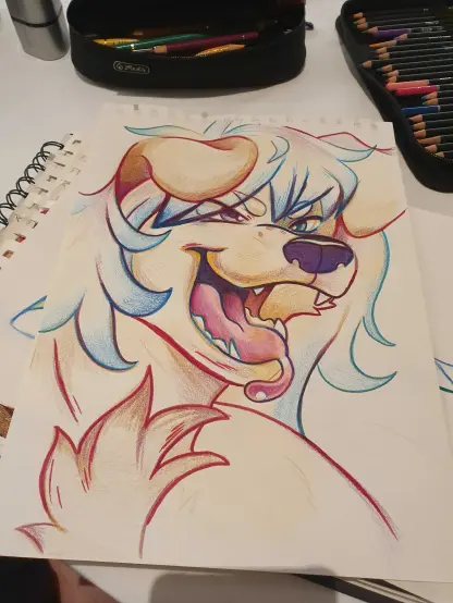 Colored pencil drawing of a furry dog with a slobby tongue and open mouth