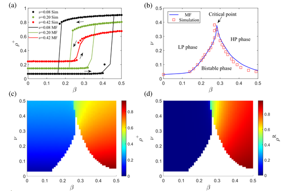 A four-panel figure. The top-left panel shows how a hysteresis cycle shrinks and eventually disappears as a parameter is changed. The other three panels show a phase diagram with three different phases, which are labeled "LP phase", "HP phase" and "Bistable phase", with two lines that separate them. The lines meet at a critical point, where they annihilate.