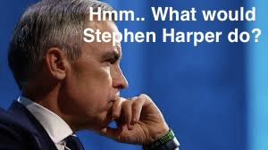 A profile picture of Mark Carney looking pensive with hand to chin and mouth. He is looking to the right with a blue background. There is text overlayed that says “Hmm.. What would Stephen Harper do?”