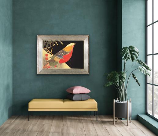 Framed art shown in a display room.