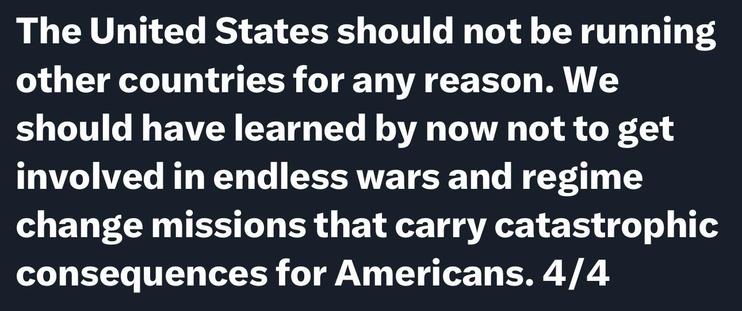 Text graphic expressing the opinion that the United States should not intervene in other countries, highlighting lessons learned from past wars and interventions.