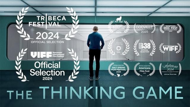 Movie poster depicting a solitary figure standing in a minimalist, white, futuristic hallway, facing away from the viewer; teal tones frame the scene, with the title “The Thinking Game” at the bottom and a Tribeca Festival 2024 official selection emblem at the top.