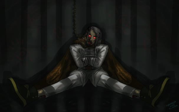 Illustration of a man wearing a straitjacket, sitting with his legs spread on the floor in a dimly lit cell. He has long gray hair, a matching goatee, and glowing red eyes. Two antennae sprout from his head. His expression is neutral, yet slightly menacing. A pair of large moth-like wings are spread behind him, but they touch the ground and look dirty and unused. Fluid drips from his mouth: it looks like blood, but it's actually saliva, as all his bodily fluids are red.