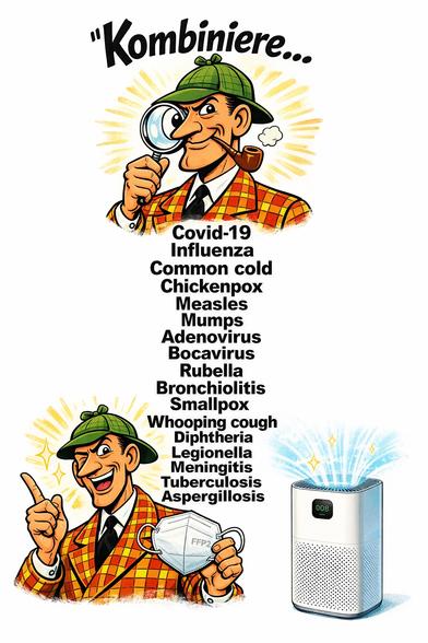 Das Bild ist als Hochformat-Poster gestaltet und besteht aus mehreren klar voneinander abgegrenzten Elementen im Comic-Stil:
	•	Oben befindet sich der Schriftzug „Kombiniere…“ in schwarzer, handschriftlich wirkender Comic-Typografie.
	•	Direkt darunter ist der Oberkörper eines Detektivs im Retro-Cartoon-Stil zu sehen: grüner Hut, kariertes Sakko, Krawatte, Pfeife im Mund und eine Lupe vor dem rechten Auge. Hinter seinem Kopf sind gelbe Strahlen dargestellt, die Aufmerksamkeit oder Erkenntnis symbolisieren.
	•	In der Bildmitte steht eine zentral ausgerichtete, vertikale Liste von Krankheits- und Erregerbezeichnungen in fetter schwarzer Schrift, u. a.:
Covid-19, Influenza, Common cold, Chickenpox, Measles, Mumps, Adenovirus, Bocavirus, Rubella, Bronchiolitis, Smallpox, Whooping cough, Diphtheria, Legionella, Meningitis, Tuberculosis und Aspergillosis.
	•	Unten links ist derselbe Detektiv erneut abgebildet, diesmal freudestrahlend mit erhobenem Zeigefinger. In der anderen Hand hält er eine FFP2-Maske, gut erkennbar durch die typische Form und die Aufschrift „FFP2“. Auch hier sind gelbe Strahlen und Glanzsymbole um den Kopf dargestellt, die eine gefundene Lösung symbolisieren.
	•	Unten rechts befindet sich die Illustration eines Luftreinigers in modernem Design. Aus der Oberseite strömen stilisierte blaue Licht- und Luftstrahlen nach oben, ergänzt durch kleine Glanzsymbole. Auf der Front ist ein kleines Display mit einer numerischen Anzeige zu sehen.

Der Hintergrund ist vollstän