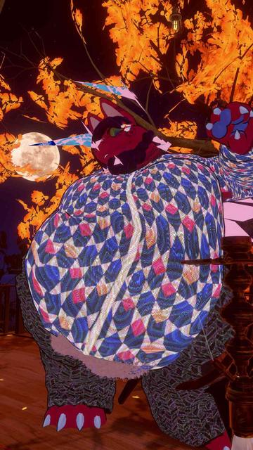 Same catdragon as before, wearing that cubes hoodie and grey pants, both of which are now overlaid with intricate, colourful, abstract patterns.