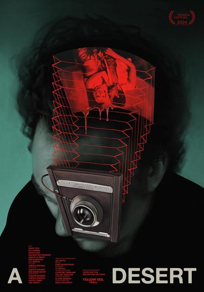 Movie art poster for The Desert
With the main character’s head tilted forward and a camera lens coving his right eye.