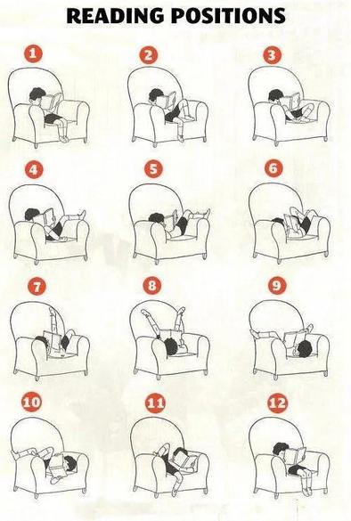 A comic showing a person in a big chair and using it for twelve diffrent readin positions.