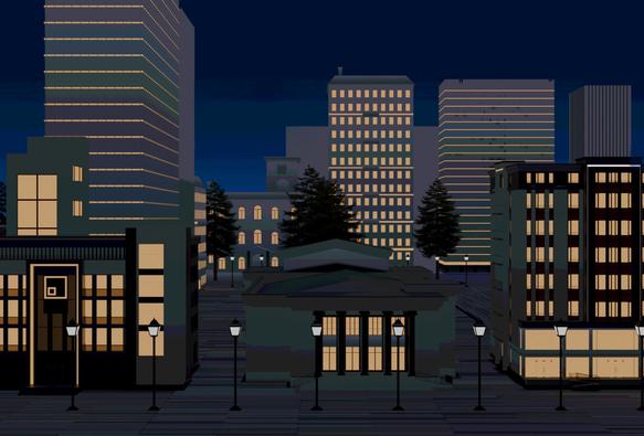 A 3D render of a city block at night. Its colors are stylized with a palette of black, blue, orange and white; the buildings appear dark gray with orange windows, and white lights from street lamps against a  blue night sky. The scene’s colors were altered with a posterize effect to be flatter and more abstract, and watercolor effects were painted into the sky.