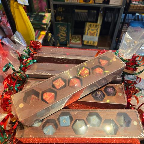 Fancy dice in wooden boxes