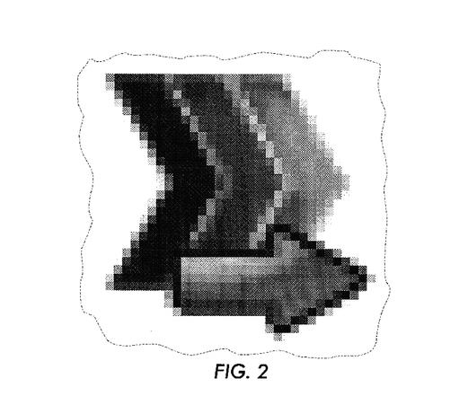 enlarged view of a claimed icon design. the icon shows three nested chevrons and an arrow pointing to the right