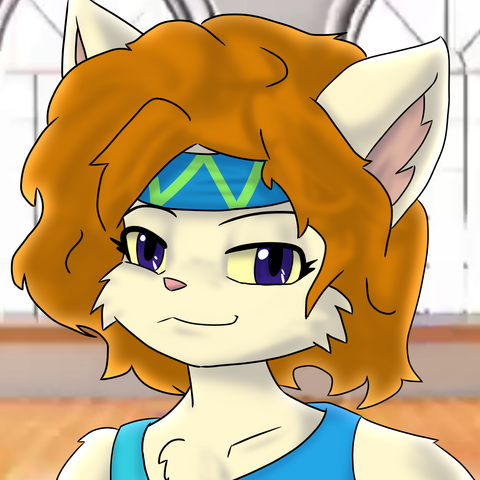 A pale yellow catgirl with big fluffy orange hair, dark blue eyes, and a lighter blue headband and leotard... and with thinner linework.