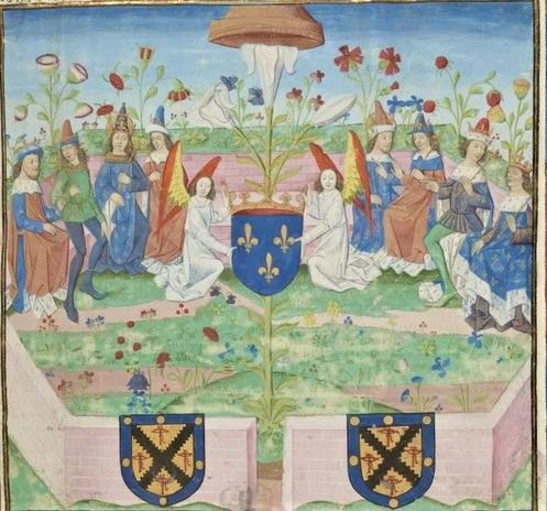 Enluminure médiévale montrant un jardin dans lequel pousse une grande fleur de lys blanche, sur laquelle est accrochée un blason fleurdelysé tenu par deux anges