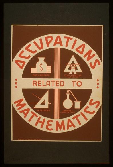 The image displays a vintage poster titled "Occupations Related to Mathematics." The design is divided into two main sections, with the top half featuring four occupational titles encased within geometric shapes: a bank worker represented by an icon of money in a bag; a civil engineer surveyor depicted through a figure holding measuring tools above a triangle; and below these icons are additional words "Civil Engineer Surveyor." The bottom section showcases three other occupations alongside corresponding symbols. These include the word "Draftsman" next to a compass, followed by a laboratory flask with liquid being poured into it labeled as "Chemist Laboratory Assistant," all set against an orange background that frames the entire poster in white and red text.

The words on top of this section read "Occupations Related To:" while those at the bottom state "Mathematics." The font used for both sections is bold, sans-serif typeface. This design not only emphasizes the importance of mathematical knowledge but also highlights various career paths available to individuals with a strong foundation in mathematics during its time period.

The poster appears aged and has some creases or folds on it, indicating that it might have been handled frequently or exposed to varying conditions over time. The overall color scheme is predominantly orange, red, white, and brown tones which add [...]