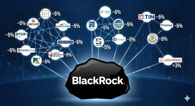 generata AI logo blackrock avanti e dietro la costellazione dei loghi delle azioni italiane