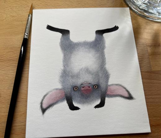 watercolour painting of a little fluffy grey creature with big pink ears with black tips and a pink nose and yellow eyes. Hes' doing a handstand too. His feet are all black and his tummy is white.