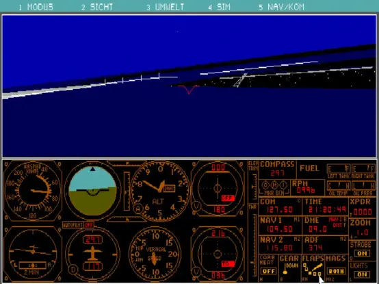 Flight Simulator 4 in DOSBox.

Flying over the SF bay area, approaching the Naval Air Station Alameda: https://en.wikipedia.org/wiki/Naval_Air_Station_Alameda