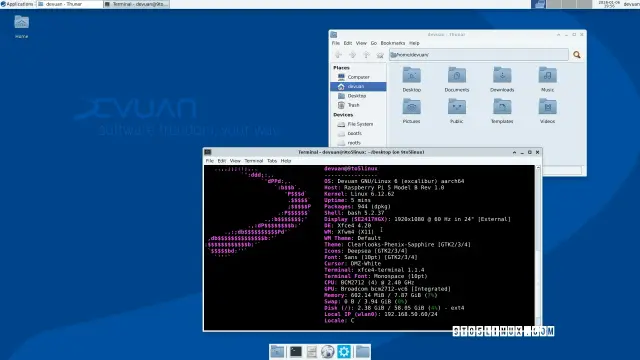 Screenshot Devuan GNU+Linux 6 with the Xfce desktop environment on the Raspberry Pi 5 single-board computer.