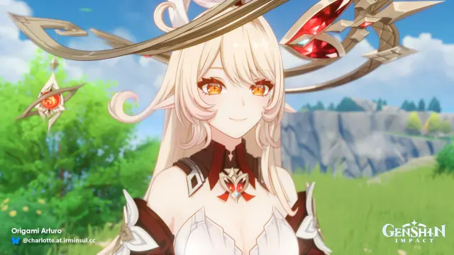 Primer plano de Alice, un personaje de Genshin Impact. Es rubia, con los ojos rojos y tiene orejas de elfo. Lleva un vestido rojo de bruja.